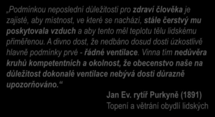 o 125 let dříve Podmínkou neposlední důležitosti pro zdraví člověka je zajisté, aby místnost, ve které se nachází, stále čerstvý mu poskytovala vzduch a aby tento měl teplotu tělu lidskému přiměřenou.