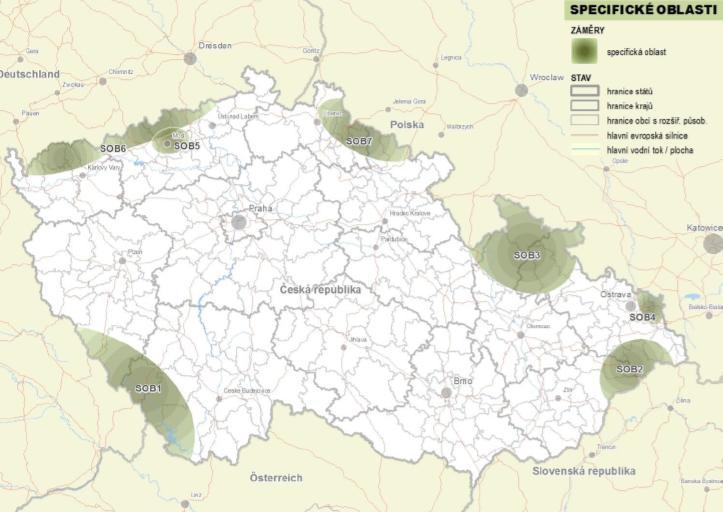 Obr. 5: Specifické oblasti ČR Kritéria a podmínky při rozhodování o změnách v území: Využití rekreačního potenciálu oblasti Rozvoj ekologického zemědělství, lesnictví a dřevozpracujícího průmyslu