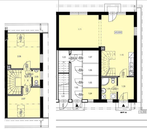 Dispoziční řešení: obývací pokoj (31 m 2 ), kuchyň (12 m 2 ), koupelna + WC (4,3 m 2 ), chodba (4,5 m 2 ), terasa (34 m 2 ), pokoj (14 m 2 ), pracovna (11 m 2 ), WC (1,6 m 2 ), chodba (2,2 m 2 ),