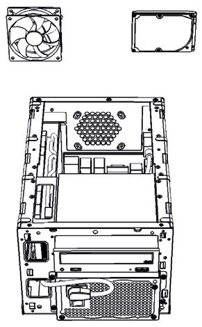 Možnost instalace 2.5" HDD nebo 80mm ventilátoru 2.5" HDD/SSD Montagemöglichkeit für 1x 2,5" HDD/SSD oder 1x 80-mm-Lüfter.