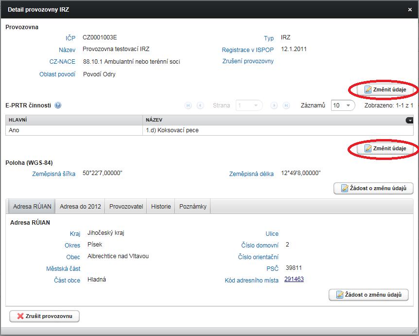 2.3.2.1 Změna IRZ provozovny V části Záznamy (obr.