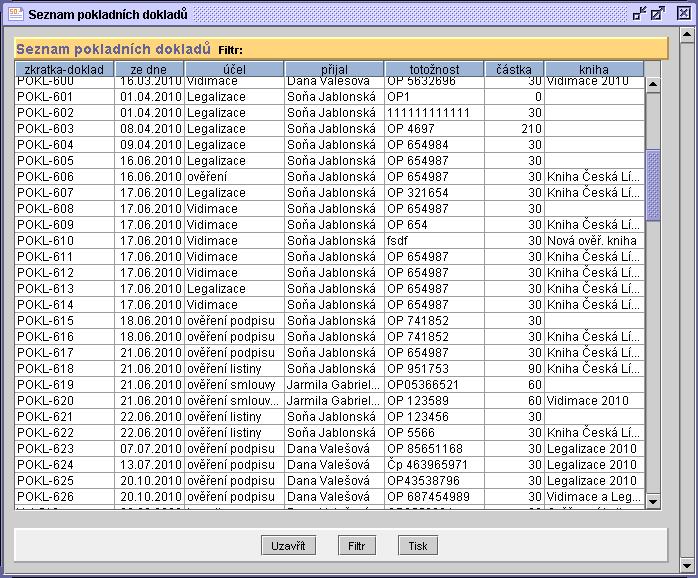 Pokladní doklady 35 Tlačítka pod seznamem dokladů: Filtr - otevře se formulář