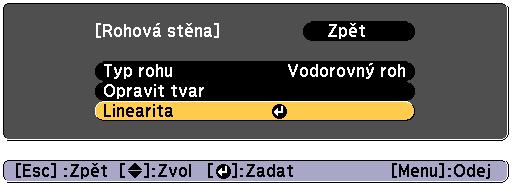 Stisknutím podržením tlčítk [Esc] lespoň 2 sekundy se zobrzí obrzovk pro potvrzení resetování n výchozí hodnoty. Výběrem možnosti Ano se resetuje výsledek korekcí Rohová stěn.