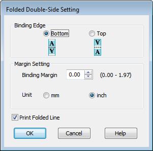 Další způsoby tisku B V dialogovém okně Folded Double-Side Setting (Nastavení Skládaná oboustranná) nastavte možnost Binding Edge (Hrana vazby) a Binding Margin (Okraj vazby).