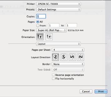 Další způsoby tisku Provedení nastavení v systému Mac OS X Když je zobrazena obrazovka Print (Tisk), A vyberte ze seznamu možnost Layout (Rozložení) a určete počet stránek na jeden list, atd.