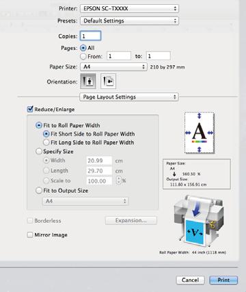 Další způsoby tisku B Vyberte možnost Fit to Roll Paper Width (Upravit na šířku nekonečného papíru) a zvolte, zda se má šířce nekonečného papíru přizpůsobit krátká nebo dlouhá strana dokumentu.