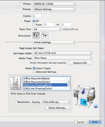 Další způsoby tisku B Nastavte pro položku Mode (Režim) hodnotu Select Target (Vybrat cíl) a poté vyberte možnost CAD / Line Drawing (Black) (CAD/ Vykreslování čar (černě)), CAD / Line Drawing