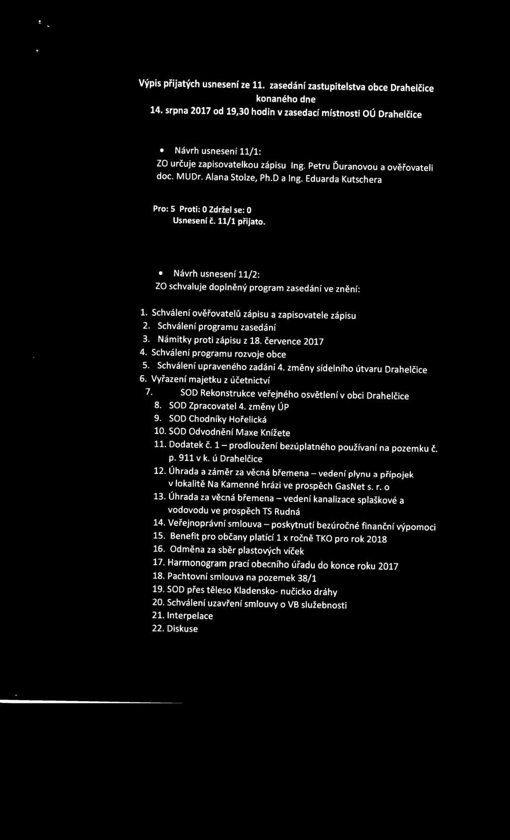 Eduarda Kutschera Usnesení č. 11/1 přijato. Návrh usnesení 11/2: ZO schvaluje doplněný program zasedání ve znění: 1. Schválení ověřovatelů zápisu a zapisovatele zápisu 2.