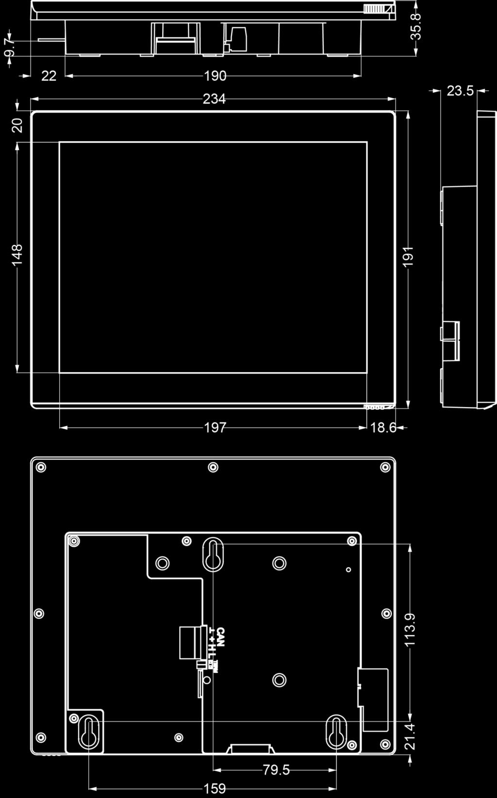 Montáž a připojení přístroje Rozměry v mm Upevnění na stěnu Reset- Tlačítko VESA-75 norma upevnění Upevňovací šrouby (závit