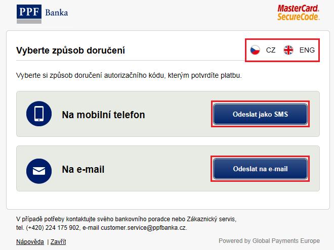 Nabídne se volba způsobu doručení autorizačního kódu pro jeho odeslání je třeba kliknout na příslušné tlačítko.