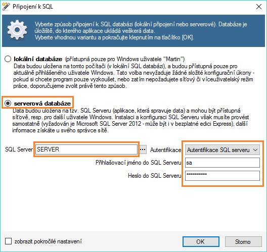 4. pokud jde o úplně první spuštění programu na dané stanici, automaticky se zobrazí okno s výběrem připojení k databázi. Pozn.