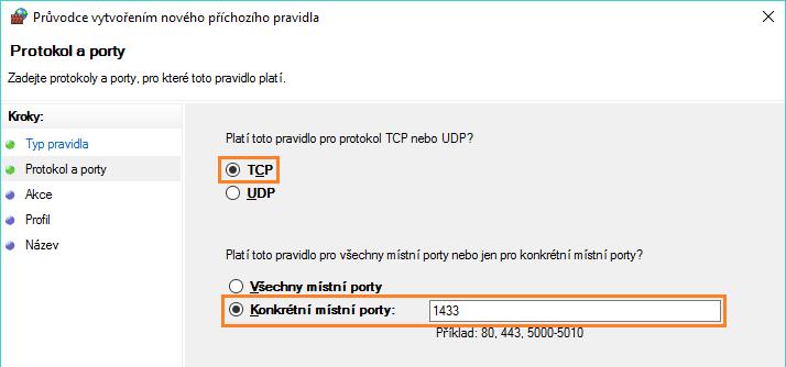 7. vyberte volbu [TCP], poté [Konkrétní místní porty] a do políčka