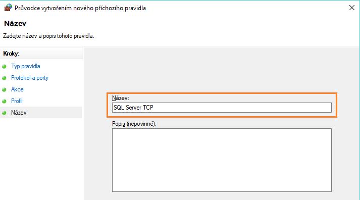 vyberete místo TCP volbu UDP (číslo portu bude opět 1433) a na poslední straně napíšete jako Název SQL