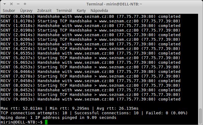 Obrázek 21: nping s původním routerem, zdroj: autor Obrázek 22: nping s linux firewallem, zdroj: autor Výsledky všech testů se vešly zhruba do intervalu ±10ms.