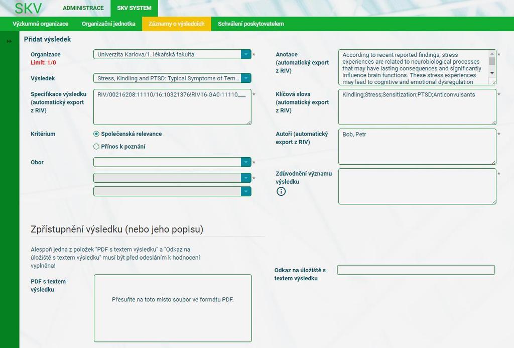 20). O brázek 20 - Určení kriteria a oboru Dalším povinným polem je pole Zdůvodnění významu výsledku, PDF