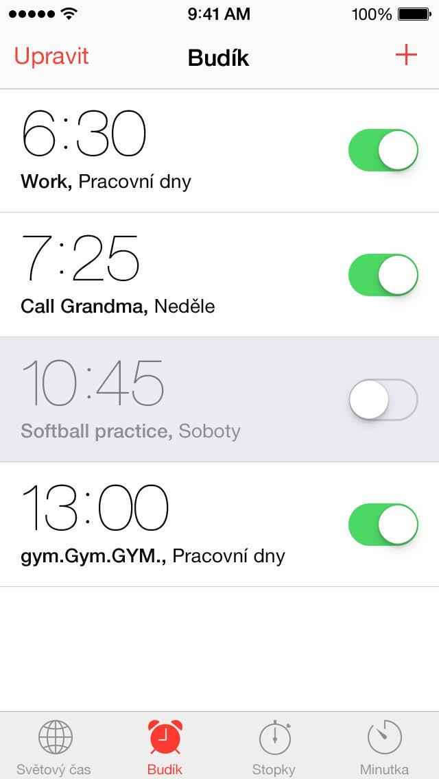 Budíky a minutky Chcete, aby vás iphone probudil? Klepněte na Budík a poté na a další volby a poté budík pojmenujte (například Dobré ráno ).