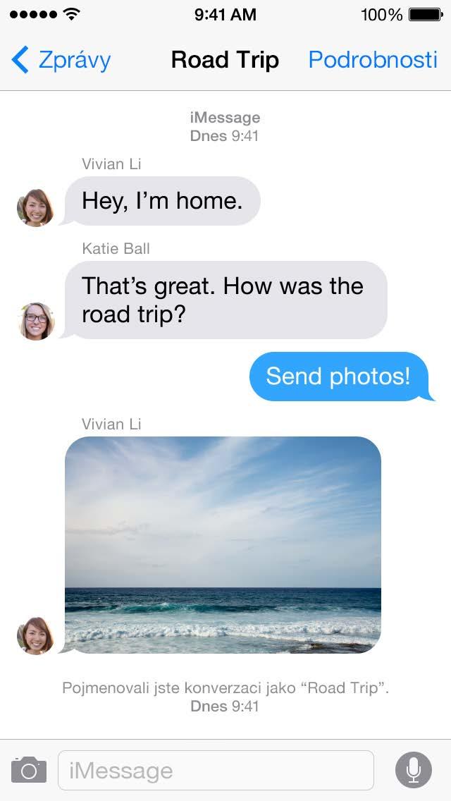Odesílání a příjem zpráv Informace, zahájení hlasového či FaceTime hovoru, sdílení polohy a ztlumení oznámení Modrá označuje konverzaci imessage Odeslání fotografie či videa Namluvení hlasové zprávy
