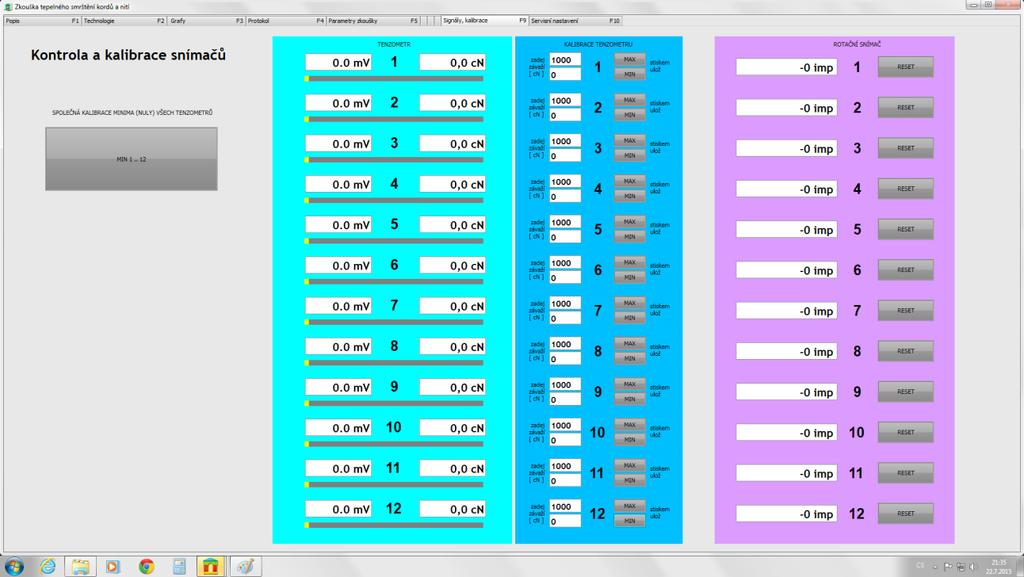 7, Kalibrace Obsluha kalibruje tenzometr. To provede tak, že obrazovce F9 v nezatíženém stavu vynuluje tenzometry. Poté je zatíží závažím 1000 cn a u každého stiskne tlačítko max.