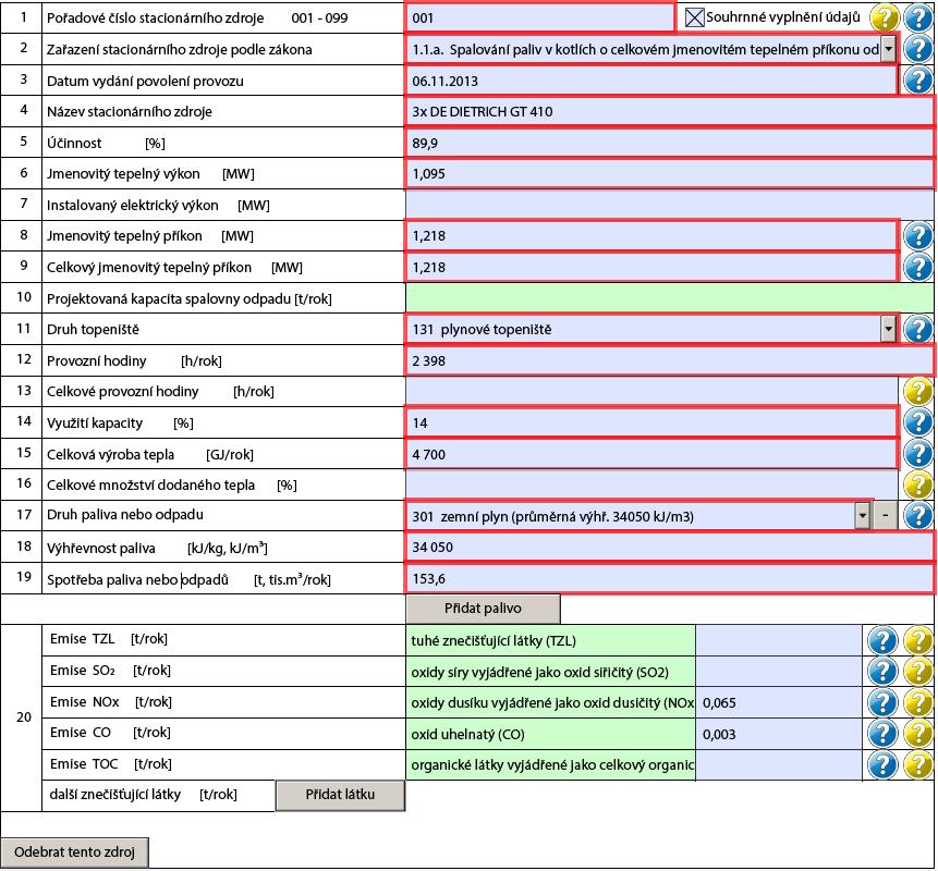 Ukázka vyplnění formuláře F_OVZ_SPE: V části 2 formuláře F_OVZ_SPE jsou vyplněny údaje o spalovacím zdroji, který je podle přílohy č. 2 zákona 201/2012 Sb. zařazen do kategorie 1.1.a. Zdroj spaluje zemní plyn a jeho celkový jmenovitý tepelný příkon je 1,218 MW.