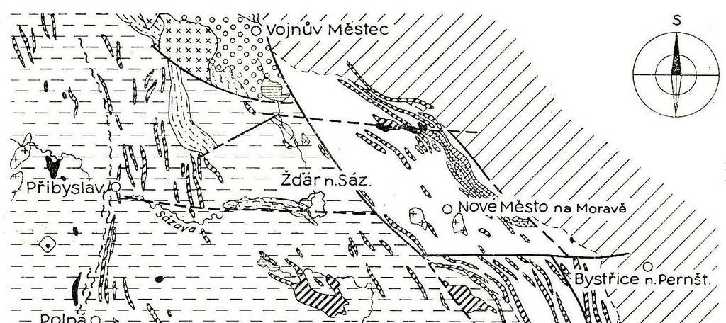 Obr. 3 Geologická mapa strážeckého moldanubika (Mísař 1983, podle generální geologické mapy ČSSR a materiálů Uranového průmyslu Nové Město na Moravě upravil Dudek).