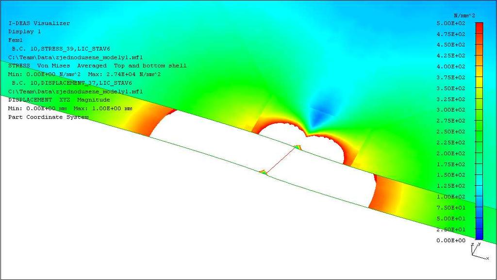 Srovnání MKP modelů spojů 3.6.3 Lícovaný šroub d Obr. 3.20 Napětí ve šroubovém spoji s lícovaným šroubem zobrazení: poloviční objemový model (detail), zatěžovací stav: 6.