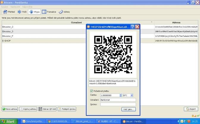 Základní softwarová peněženka Bitcoin QT Odlehčená softwarová peněženka Multibit, Electrum apod. Webová online peneženka např. Blockchain.info Mobilní aplikace Mycelium, Copay, Blockchain.