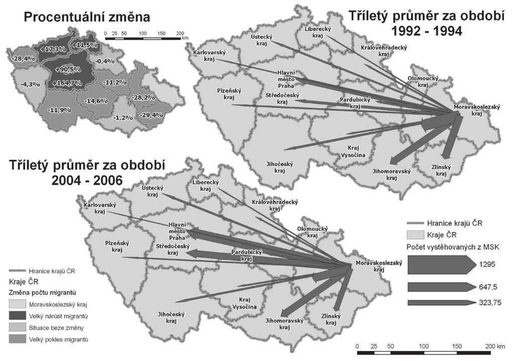 ně střední Čechy. Největší nárůst přistěhovalých z MSK zaznamenal Středočeský kraj a Praha, což naznačuje pravděpodobně stěhování za prací do tohoto atraktivního regionu.