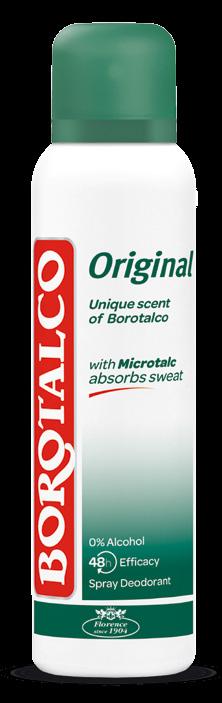 Mastkový prášek má navíc jedinečnou, příjemnou vůni. DEODORANTY BOROTALCO ORIGINAL Borotalco Original deodoranty ve spreji 150 ml, kuličkový 50 ml, tuhý 40 ml.