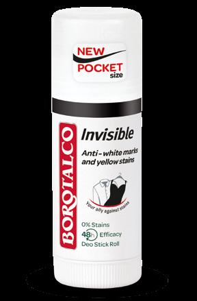tuhý 40 ml. Deodoranty Borotalco Invisible byly vyvinuty speciálně za účelem redukce vzniku žlutých skvrn na světlých látkách a bílých stop na tmavých látkách.