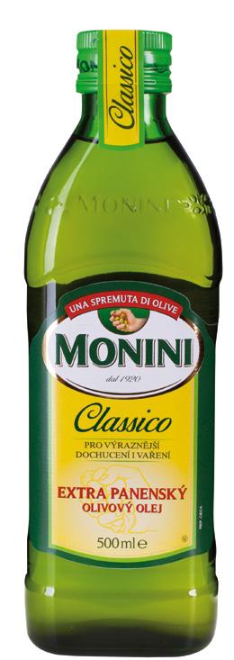 MONINI zaujímá pozici nejprodávanějšího extra panenského olivového oleje v Itálii. OLIVOVÉ OLEJE Classico 250 ml, 500 ml, 750 ml, 2 l.