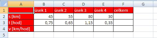 Do buněk B4, C4, D4 a E4 vložte vzorec pro výpočet průměrné rychlosti na tomto úseku (v=s/t). Do buňky F4 vložte vzorec, který vypočítá průměr z buněk B4, C4, D4 a E4.