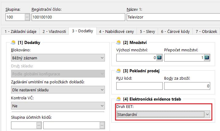 Zboží a služby V kartě Zboží a služby, na záložce 3 - Dodatky, jsou v části [4] Elektronická evidence tržeb pole Druh EET a DIČ pověřujícího poplatníka.