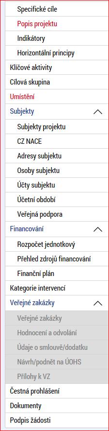 Snímek levého sloupce obrazovky s vyznačením sekce Podpis žádosti Uživatel vstoupí na obrazovku Podpis žádosti.