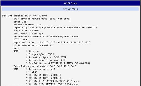 4.1.3. Scan Stiskem volby Scan v sekci status je provedeno skenování okolních WiFi sítí a vypsání výsledků. Skenování lze provést pouze při vypnutém přístupovém bodu (WiFi AP).