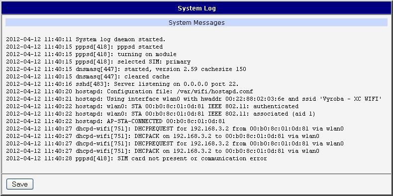 Výjimkou je v tomto směru základní komponenta WiFi AP (hostapd), která veškerá chybová (i jiná) hlášení zapisuje do System Logu. Obr. 5: