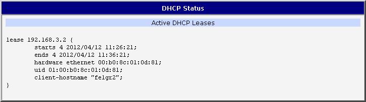 4.1.2. DHCP Informace o činnosti DHCP serveru lze vyvolat volbou položky DHCP status. DHCP server zajišťuje automatickou konfiguraci zařízení připojených do sítě spravované routerem.