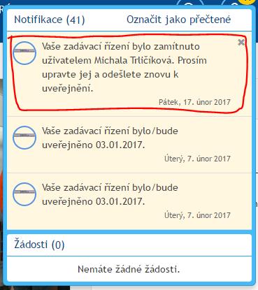 obsah, který se otevře po kliknutí na tlačítko Zobrazit detail, viz dříve). - Kliknutím na nadpis Notifikace se zobrazí stránka se všemi, i již přečtenými notifikacemi.