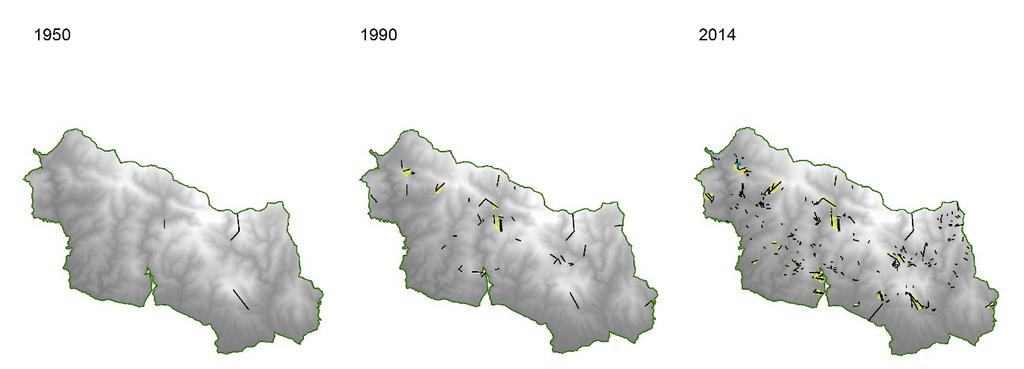 Obr. 2: Vývoj zastavěné plochy v CHKO Jeseníky V případě lanovek a vleků došlo k jejich rozvoji již během 70. a 80. let 20. století, ovšem zásadní nárůst zaznamenáváme až po r.