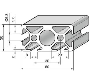 Vhodné systémové konstrukční díly viz příslušenství řady 8 30. Profil 8 60x30 2N OBJ. Č.: PRO8.60302N L=6000+30 mm m=1.92 k g/m A=7.11 cm² Wx=4.11 cm³ Wy=8.09 cm³ lx=6.42 cm⁴ ly=22.