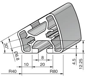 Vhodné systémové konstrukční díly viz příslušenství řady 8. Profil R40/80 45 OBJ. Č.: PROR408045 L=6000+70 mm m=2.73 k g/m A=10.