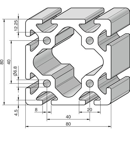 Vhodné systémové konstrukční díly viz příslušenství řady 8. Profil 80x80L 45 OBJ. Č.: PRO8080L45 L=6000+70 mm m=4.99 k g/m A=18.30 cm² Wx=24.