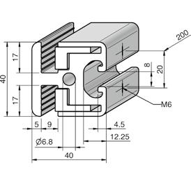 Standardně vybaven otvory se závitem a šrouby DIN913- M6x20 s roztečí 200mm. Vhodné systémové konstrukční díly viz příslušenství řady 8. Svěrný profil 40x40 180 OBJ. Č.: KLE4040180 L=6000+70 mm m=2.