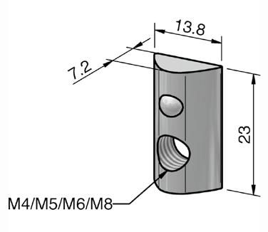 PŘÍSLUŠENSTVÍ 8 Drážková matice M4 St OBJ. Č.: NUTM4ST ocel/pozinkováno m = 10 g/kus Univerzální posuvná matice. Matici lze zasunout na libovolném místě do drážky. Samofixační pomocí pružící kuličky.