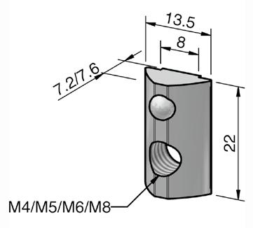 PŘÍSLUŠENSTVÍ 8 Drážková matice M4 St s můstkem OBJ. Č.: NUTM4STS ocel/pozinkováno m = 10 g/kus Univerzální posuvná matice. Matici lze zasunout na libovolném místě do drážky.