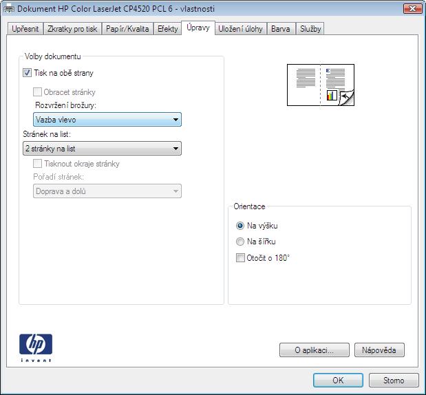 4. Zaškrtněte políčko Tisk na obě strany. 5. V rozbalovacím seznamu Rozvržení brožury klikněte na možnost Vazba vlevo nebo Vazba vpravo.