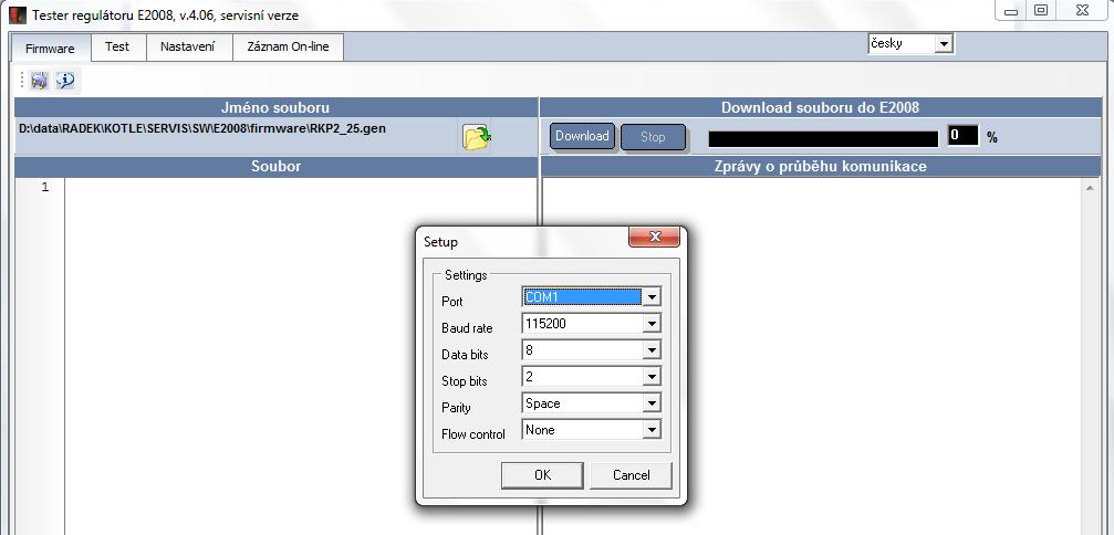 3.4. Nastavení a použití RKP2 3.4.1. Nastavení RKP2 - v záložce Firmware karta Setup - nastavíme Port, na nějž je kabel připojen.