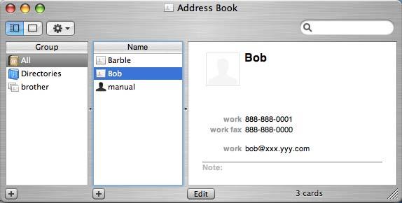 Tisk a faxování Přetažení vizitky vcard z aplikace Mac OS X Address Book (pro systém Mac OS X 10.3.9 až 10.4.