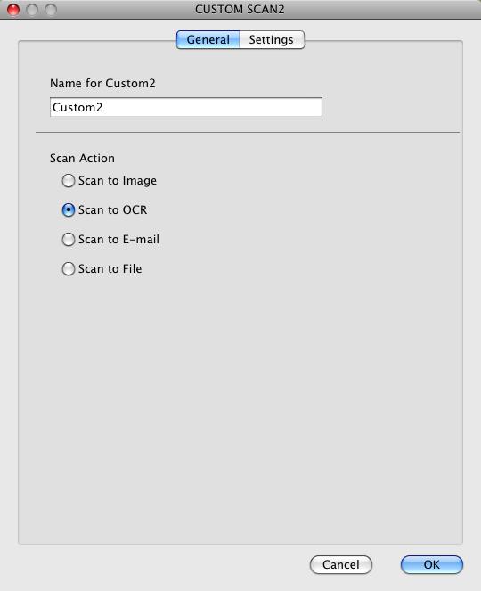 ControlCenter2 Skenování do OCR 10 Záložka General (Obecné) Zadáním názvu do pole Name for Custom (Vlastní název) (až 30 znaků) vytvoříte