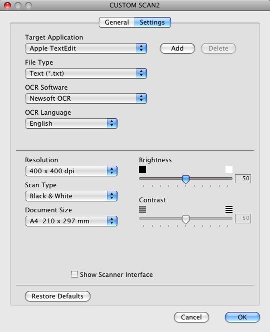 Záložka Settings (Nastavení) Zvolte nastavení Target Application (Cílová aplikace), File Type (Typ souboru), OCR Software (Software OCR), OCR