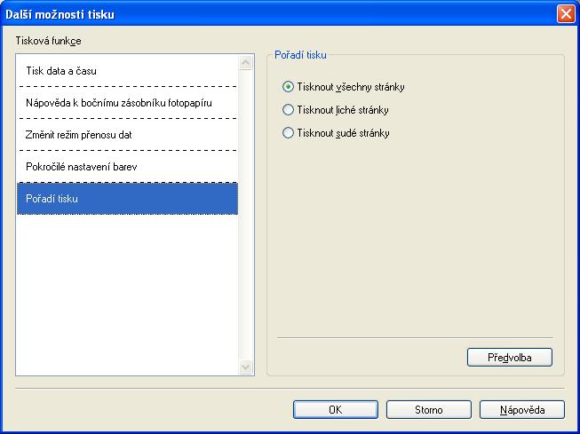 Tisk Pořadí tisku 1 Můžete zvolit možnost Tisknout všechny stránky, Tisknout liché stránky nebo Tisknout sudé stránky. 1 Tisknout všechny stránky Vytisknou se všechny stránky.